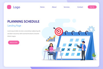 Planning Schedule concept, People filling out the schedule on a giant calendar, work planning, work in progress. Flat vector template