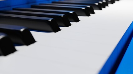 Pure blue-gold Grand Piano under spot lighting background on blue-black surface. 3D illustration. 3D CG. 3D high quality rendering.  