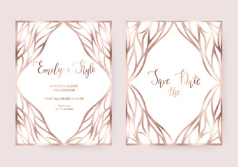 Art Nouveau holiday invitation templates with rose gold decorative frame.