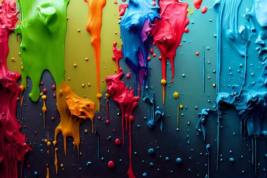 liquid colors on the wall, crazy rainbow oil paint, creative ideas visualization, colorful background, generative ai