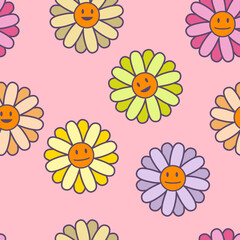 Psychedelic daisy flowers with smiling faces seamless pattern. Groovy print for tee, paper, fabric, textile. Retro vector illustration for decor and design.