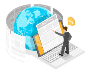 3D Isometric Flat  Conceptual Illustration of Online Latest News.