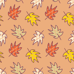 Fototapeta premium Retro style checkered maple leaves seamless pattern. Autumn print for tee, paper, fabric, textile. Hand drawn vector illustration for decor and design.