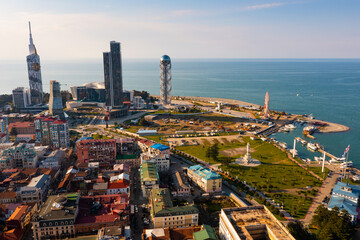 Obraz premium Drone view of the resort port city of Batumi, located off the Black Sea coast in Georgia