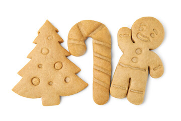 Different tasty cookies and spices on white background, top view