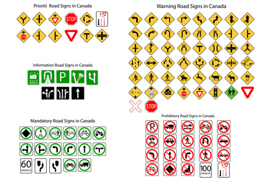 Road signs in Canada. Road signs of Canada set. All road signs canada. Vector illustration. Stock picture.