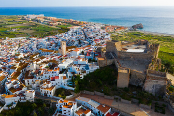 Aerial panoramic view of Salobrena city with buildings and landscape, Granada, Spain
