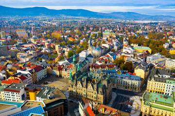 Aerial view of Liberec cityscape with buildings and streets, Czech Republic