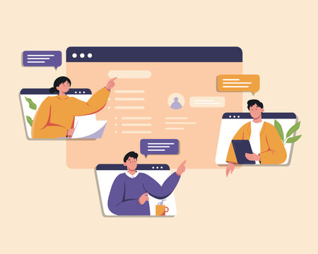 Online meeting  communication. People talking to each other on computer screen. cartoon vector illustration with flat style.