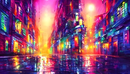 Fototapeta premium It's a calm night in the city and the colorful lights from the streetlights reflect off of the wet pavement.