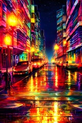 The city street is calm and the colors are vibrant under the light of the street lamps.