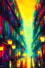 Naklejka premium The city street is calm and the air is fresh. The colorful streetlights illuminate the dark sky.