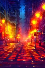 The city street is calm and the colors are soothing. The lights from the streetlights give off a warm glow, making the scene appear even more tranquil.