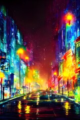 I am standing on a city street at night. The air is calm and the streetlights are colorful.