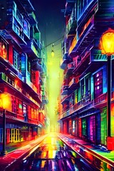 The city street is a calm and colorful place at night. The streetlights illuminate the way and the colors are muted but beautiful.