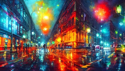 The night sky is clear and the stars are shining. The streetlights cast a warm, yellow light on the pavement below. The buildings loom tall and foreboding, their windows dark and mysterious. There's a