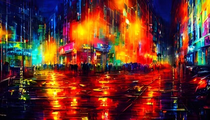 I'm standing in the middle of a city street at night. The air is calm and the only sound comes from nearby cars occasionally driving by. The streetlights cast an eerie, yet colorful glow on the paveme