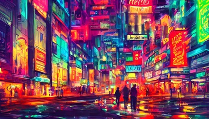 A city street at night, with colorful neon signs.