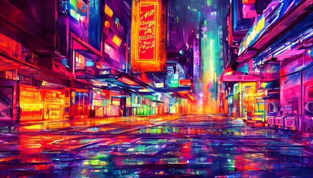 I'm standing on a city street at night. The air is thick with the smell of exhaust fumes and alcohol. Bright, colorful neon lights illuminate the way ahead of me, providing an ethereal quality to the 