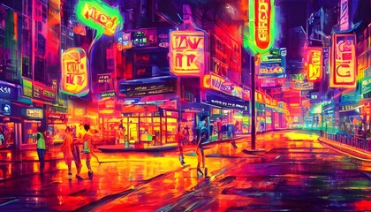 I'm walking down the street at night and I see all these amazing colors from the neon lights. They're so bright and pretty that I can't help but stare at them. - obrazy, fototapety, plakaty