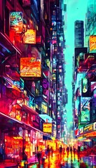 Fototapeta premium The city street is alive with color at night. The neon signs reflect off the wet pavement, casting a glow on everything around them.