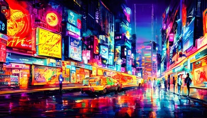 A brightly lit city street at night. The neon lights of buildings and advertisements reflect off the wet pavement below.