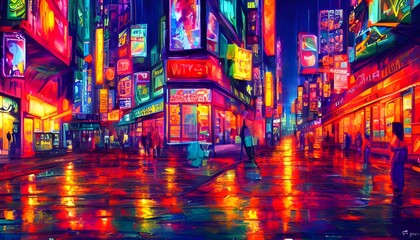 Fototapeta na wymiar I'm walking down the street at night and all around me are colorful neon lights. They're so bright that they almost hurt my eyes. I keep walking until I reach the end of the block and then I turn arou