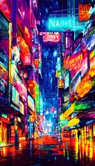 The city street is alive with colorfully blinking neon signs. They create a bright, electric atmosphere that makes the night feel thrilling and dangerous.