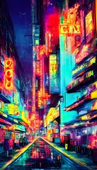 The city street is alive with colorfully blinking neon signs. They reflect off the wet pavement, creating a bright and exciting scene.