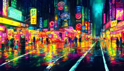 In the city, at nightfall, the streets are alive with color. The neon signs light up the way, and people are out and about enjoying the evening.