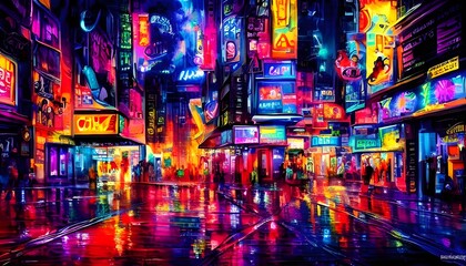 The city street is alive with color at night. The neon signs illuminate the way, and the buildings are hazy in the distance.