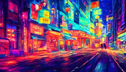The city street is alive with colorfully neon lights. They create an electric atmosphere that is both exciting and alluring.