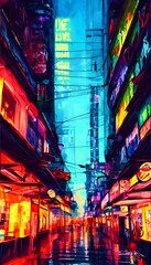 The city street is alive with color and light. Neon signs flash and pulse, casting an otherworldly glow on the pavement below. The air is thick with the electric atmosphere of the night.