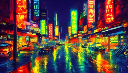 The photo is of a city street at night. The buildings are tall and the sidewalks are crowded with people. The air is thick with the smell of gasoline and exhaust fumes. Brightly colored neon signs lig