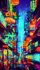 It's a city street at night and the neon lights are shining brightly in all colors.