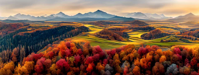 Schönes Panorama der Berge, Herbsttal. Panoramablick auf die Berge am Herbsttag. Karpaten, Europa. Natürliches Waldhintergrundpanorama. © Viks_jin