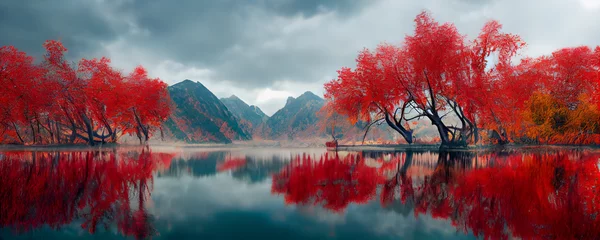 Chinesische Herbstlandschaft mit Herbstbäumen und majestätischen Bergen. Schönes Panorama des Herbstlaubs im See mit schöner Reflexion. © Viks_jin