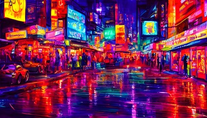 It's a city street at night with colorful neon signs.