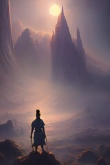 A lone figure stands in an alien landscape, surrounded by a strange and hostile world.