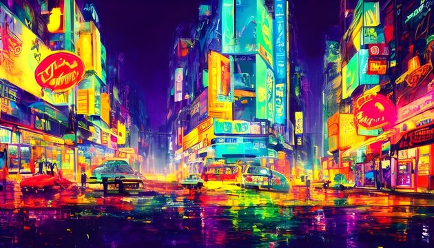 The city street is alive with color at night. The neon signs are bright and eye-catching, and the people look like they're having a good time.