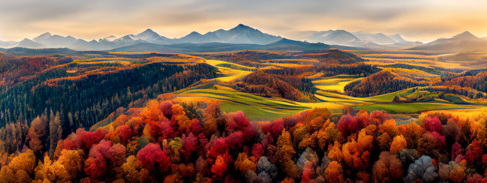 Beautiful panorama of mountains, autumn valley. Panoramic view of mountains in autumn day. Carpathian, Europe. Natural forest background panorama.