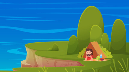 Obraz premium Active summer vacation, traveling concept. Man resting on weekends or holidays near seashore. Happy tourist lying in tent on edge of cliff. Camping in forest, adventure tourism, backpacking