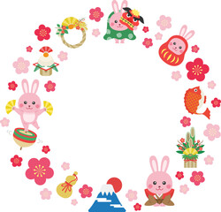 2023年卯年の、円形の正月フレームのイラスト
