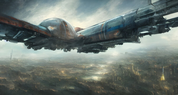 Illustration of  Spaceship flying over futuristic landscape