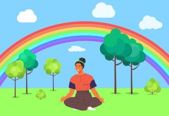 Girl is meditating in park, sitting on lawn against backdrop of rainbow. Concept of healthy lifestyle, meditation and calm. Young female with crossed legs and closed eyes meditating on nature