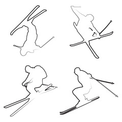 Skiers. Four linear silhouettes of skiers. Linear art. The shadows of the skiers. Skiers perform tricks. Stencils