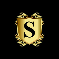 vintage shield gold badge logo design