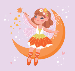 Fairy sits on moon. Witchcraft and sorcery, magic, fantasy and imagination. Cute and adorable character for children. Graphic element for printing on clothes. Cartoon flat vector illustration