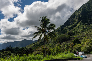 Scenic tropical vista along the Pali Highway on the north east part of Oahu, Hawaii