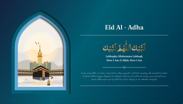 Eid Al-Adha Islamic Banner With Kaaba, Abraj Al-Bait Towers, Masjid Al-Haram Vector